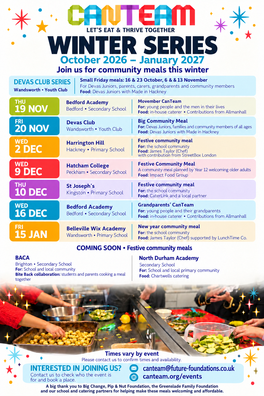 CanTeam Winter Series invitation with colourful stars and a photo of young people preparing a meal; all event details are listed above